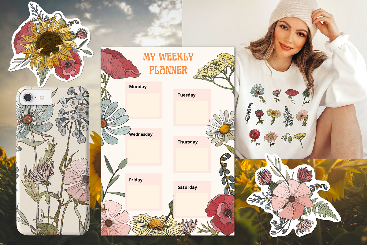 Retro field flowers & sunflowers, a Decorative Illustration by marie dricot (Photo 6 of 10)