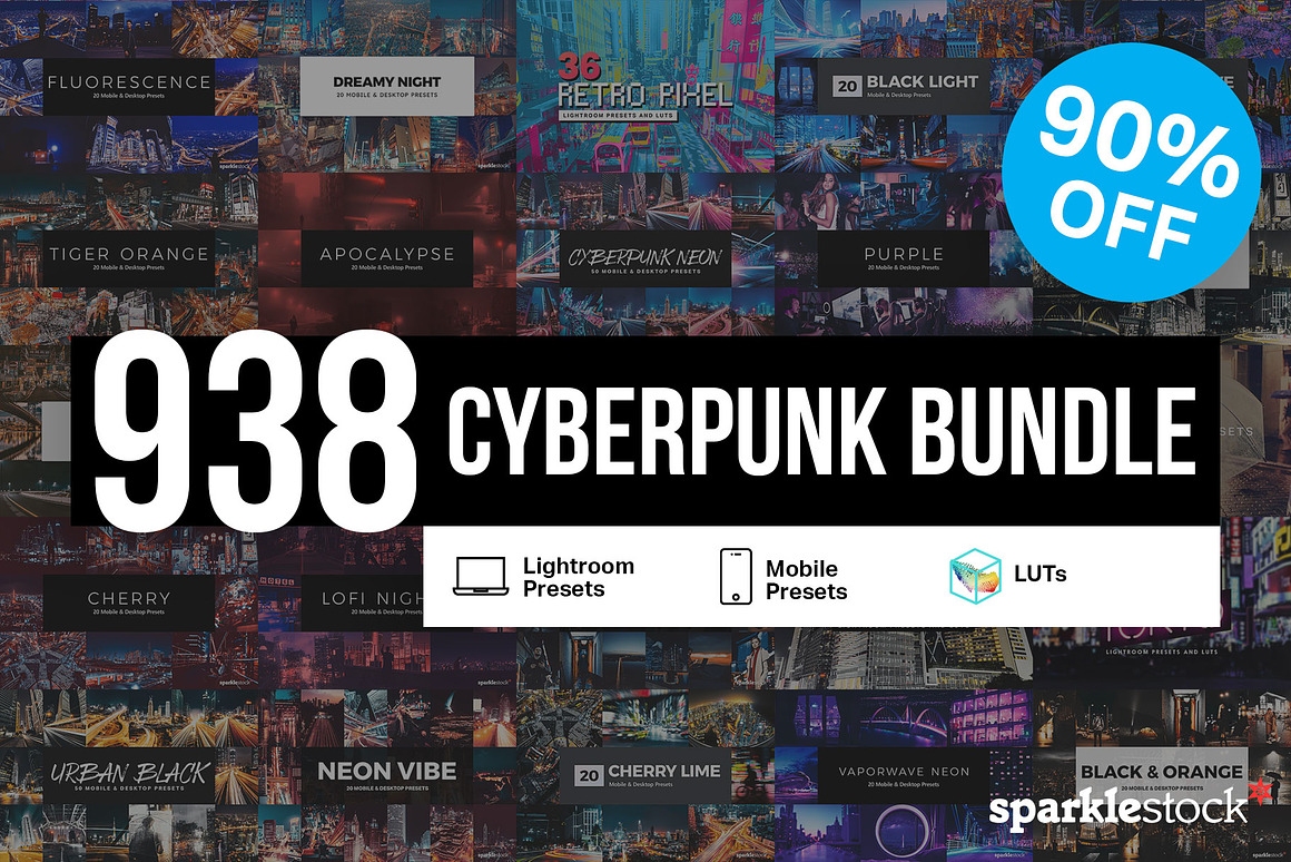 938 Cyberpunk Presets LUTs - 90% OFF, an Action Add-On by SparkleStock (Photo 1 of 1)