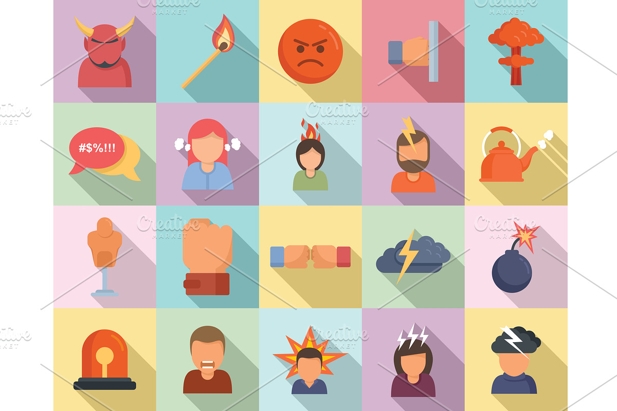 Rage icons set, flat style, a Person Illustration by Ylivdesign