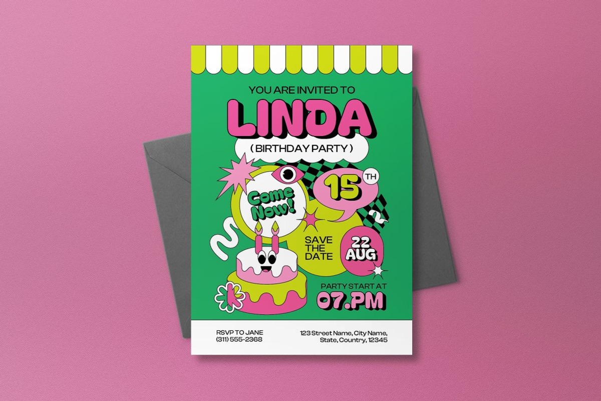 Green Pink Teen Birthday Invitation, an Invitation Template by graphicook (Photo 6 of 6)