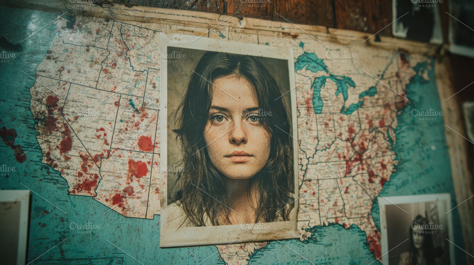 Young Woman's Photo on a Bloody Map, an Abstract Photo by Pixeness Studio