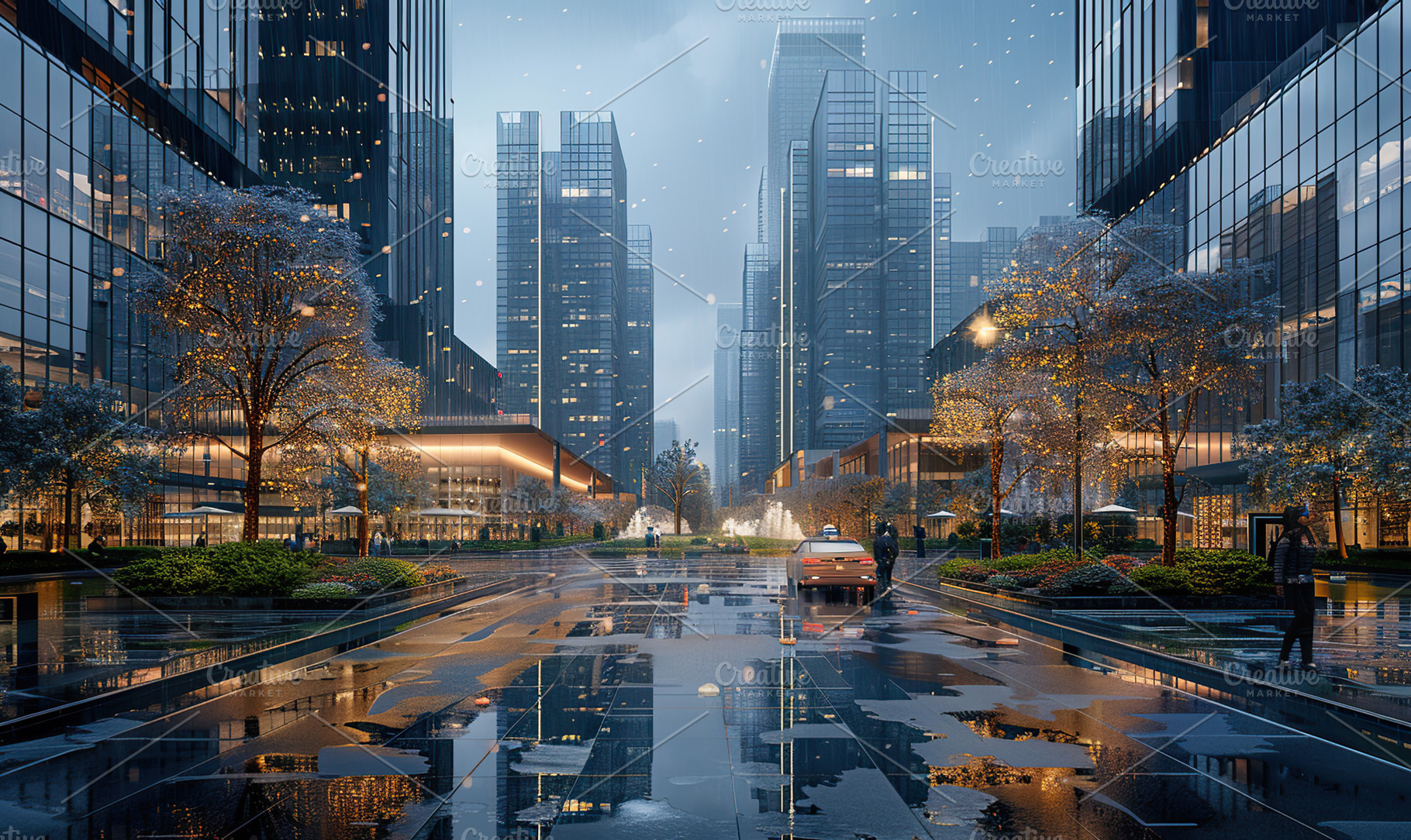 Evening downpour in a bustling city, a Photo by LOGOCREATIVE
