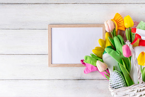 Spring cleaning background with spring tulip flowers and cleanin, a Holiday Photo by Rimma