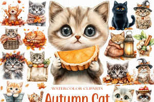 Watercolor Autumn Cat Clipart Bundle, an Illustration by Craft Nest