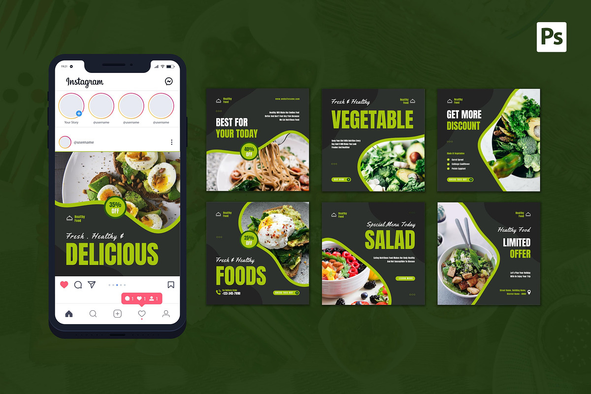 Healthy Food Instagram Post, a Social Media Template by CavenArt (Photo 3 of 5)