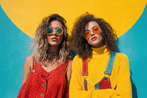 Two women stand in front of a bright, a Photo by Pavel_design