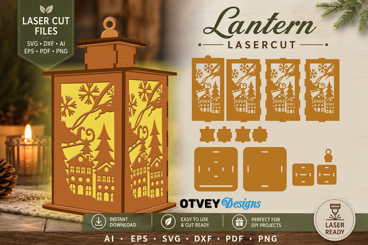 Christmas Scene Lantern Laser Cut, a Decorative Illustration by OTVEY DESIGN (Photo 2 of 13)