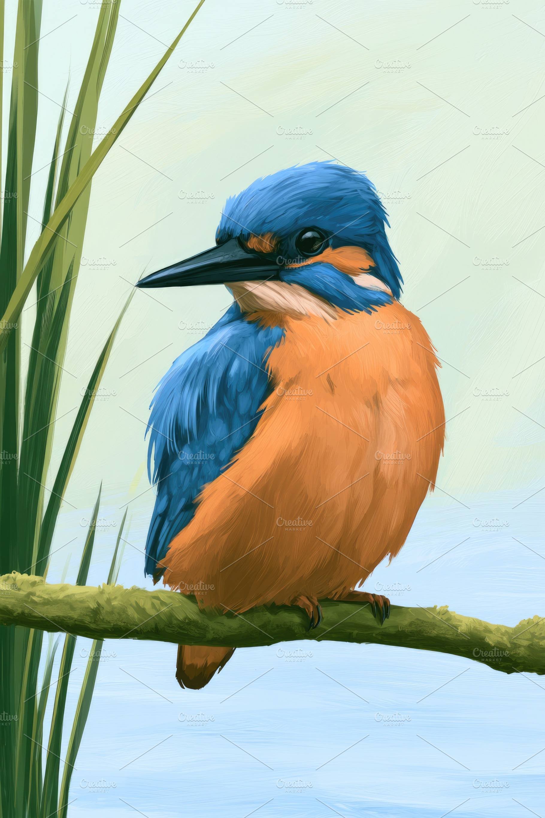 Common kingfisher perched on mossy branch watercolor illustratio, an Animal Photo by José Manuel Gelpi