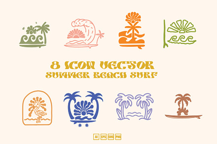 Set Logo Beach Summer Surf Vector, an Outline Icon by kalehstudio