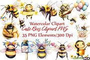 Cute Bees Clipart PNG, an Illustration by DreamCafeArt (Thumbnail 1 of 7)