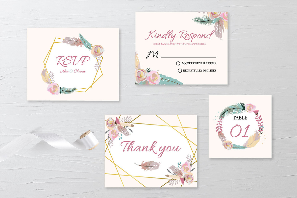 Cute boho wedding invitation set1#, an Invitation Template by Piixypeach (Photo 6 of 7)