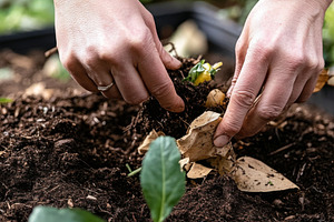 Hands Gardening with composting in vegetable bed showcasing sust, a Photo by Dvoevnore photos