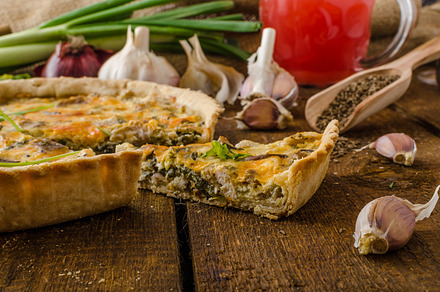 Cheese quiche with chicken arugula and mushrooms containing quiche, cheese, a Food & Drink Photo by Stepanek Photography