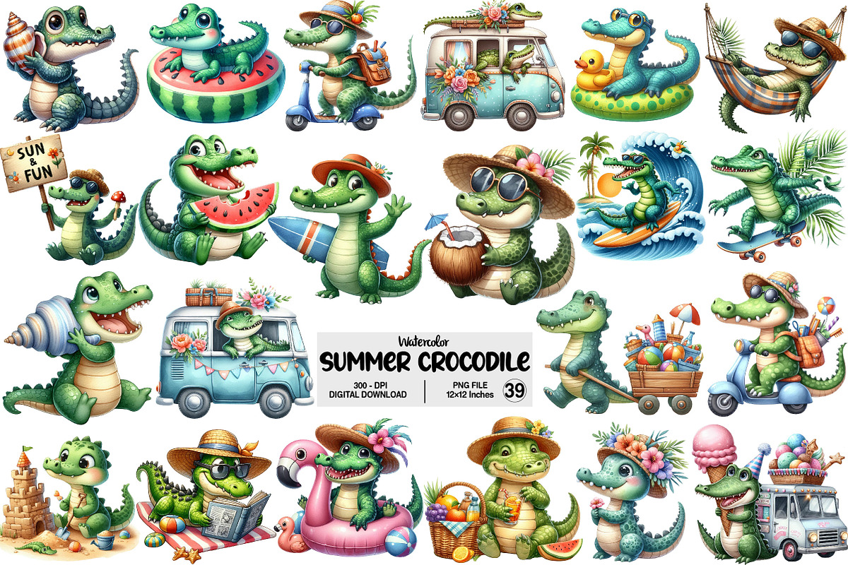 Summer Crocodile Character Clipart, an Illustration by Pixels.Craft (Photo 1 of 9)
