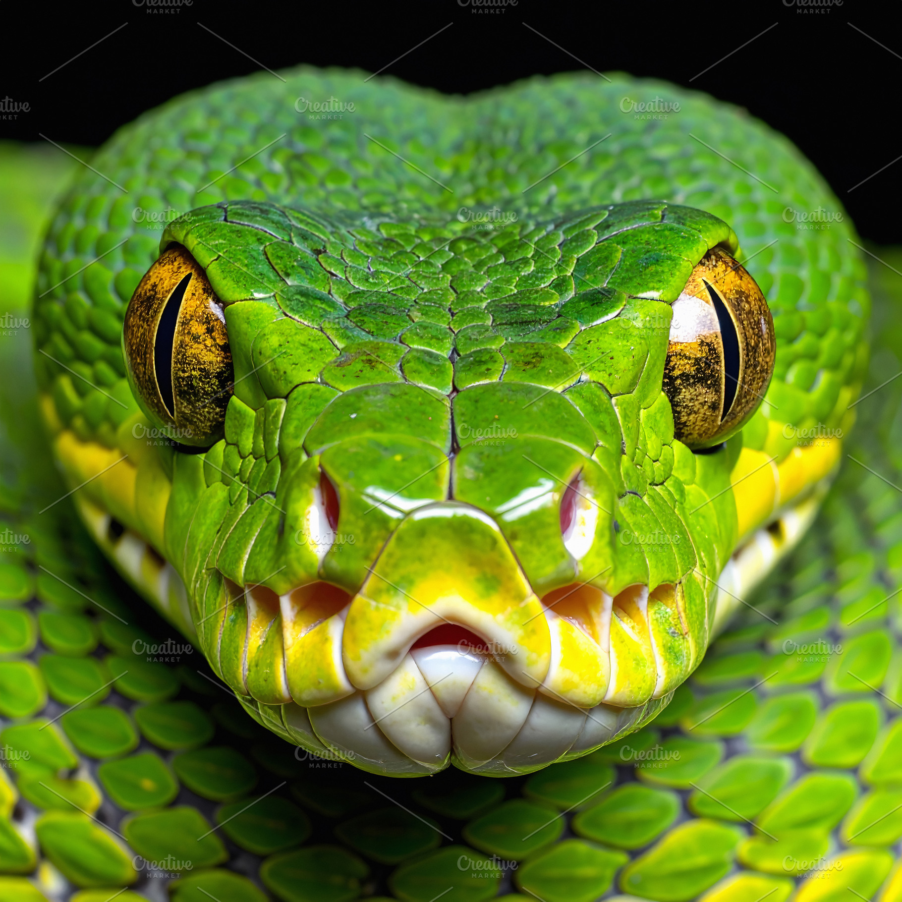 Green pit viper closeup with golden slit eyes and scales, an Animal Photo by GoodGoods