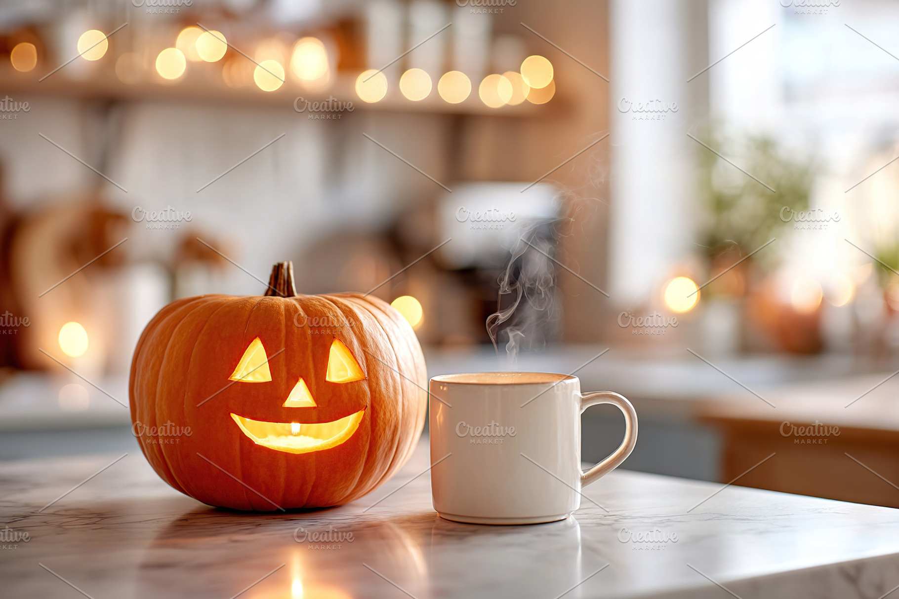 Cozy autumn evening with a carved pumpkin and steaming coffee on a kitchen coun, a Holiday Photo by AlyaAnd