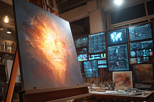 Artist captures human emotions through a vivid painting in a modern studio envi, a Photo by AlyaAnd