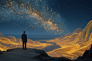 Man in Suit Gazes at Glowing Landsca, a Photo by Pixeness Studio