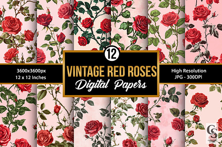 Vintage Red Roses Digital Papers, a Pattern Graphic by Creative Store