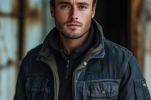A young man with tousled hair and a serious expression, wearing a rugged jacket, a Person Photo by Textures & Backgrounds