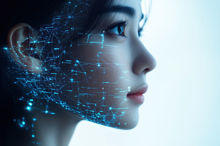 NLP Developer. A close-up profile of a young woman with a digital overlay of bl, a Person Photo by Textures & Backgrounds