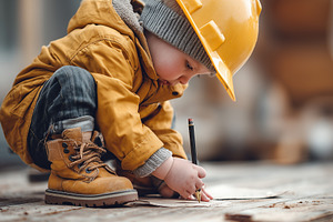Adorable toddler in a yellow hardhat, an Industrial Photo by MistyDay