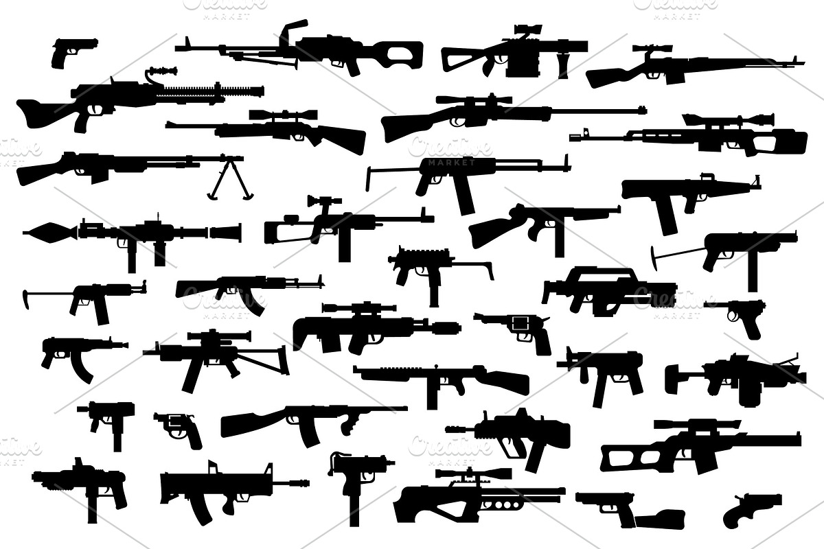Firearms. Vector big set of different modern fire weapons. Black silhouettes on white isolated background. Side view, an Object Graphic by tumbalipum