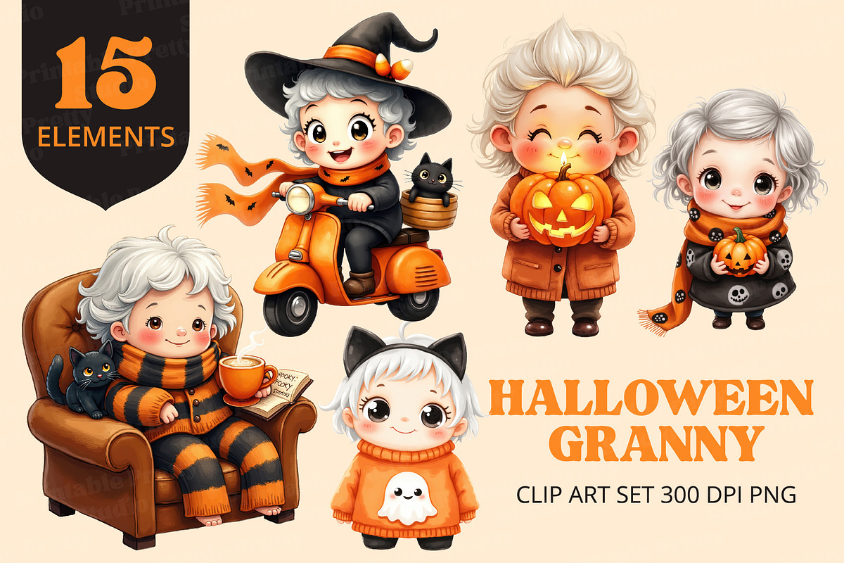 Cute Grandma Halloween Clipart, a Seasonal Illustration by Printable Pretty Studio (Photo 1 of 3)
