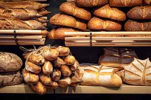 Bread assortment on bakery wooden sh