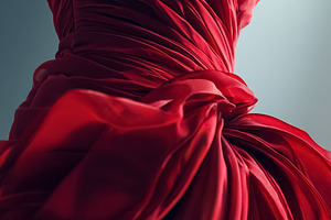 Red flowing fabric on an elegant gown, creating soft drapes and, a Photo by Studio ANNA