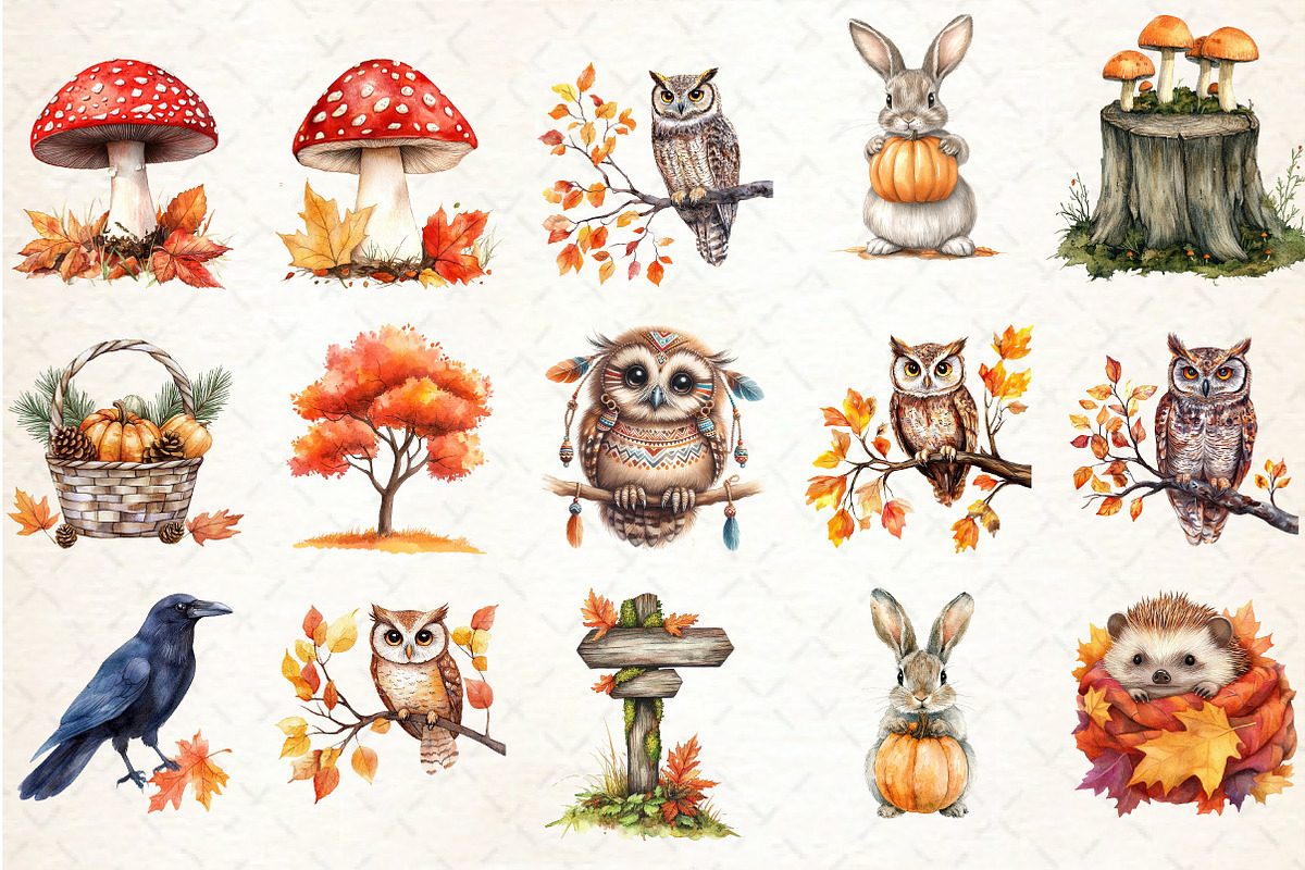 Watercolor Fall Woodland Clipart, an Illustration by Rose Art (Photo 2 of 7)