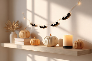 Autumn decor featuring pumpkins and bats enhances cozy atmosphere in a rustic s, a Beauty & Fashion Photo by AlyaAnd