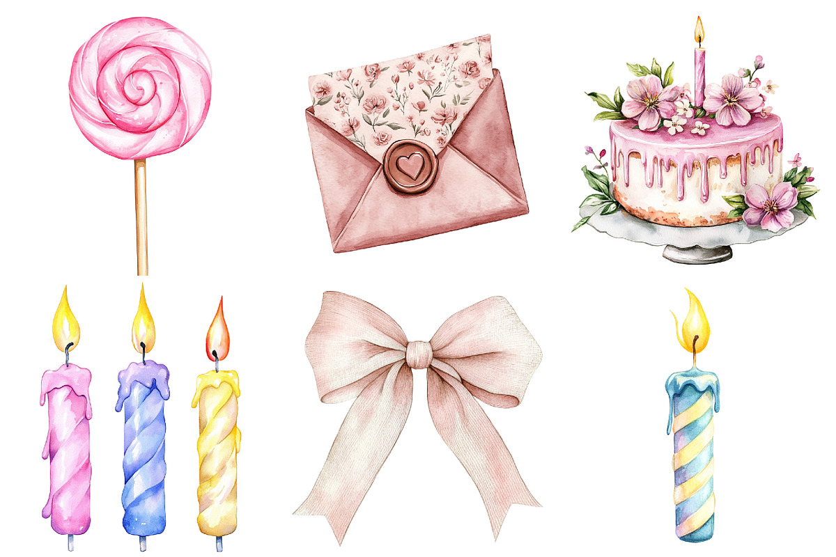 Watercolor Pastel Birthday Clipart, a Seasonal Illustration by CitraGraphics (Photo 3 of 6)