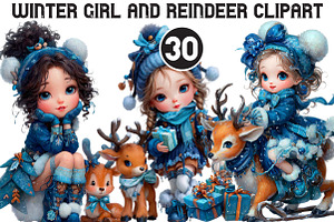 Winter Girl And Reindeer Clipart, an Illustration by Black Bird Studio
