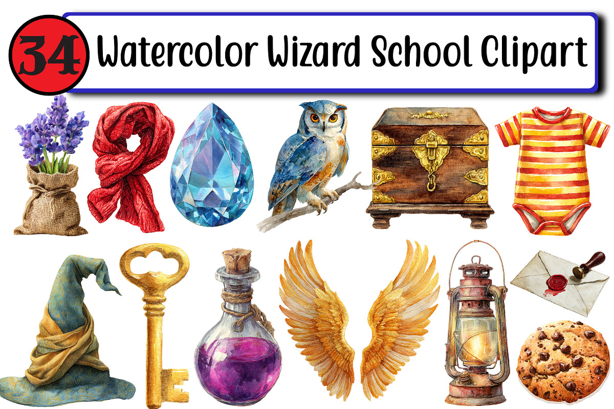 Watercolor Wizard School Clipart, an Illustration by Design Market (Photo 1 of 3)