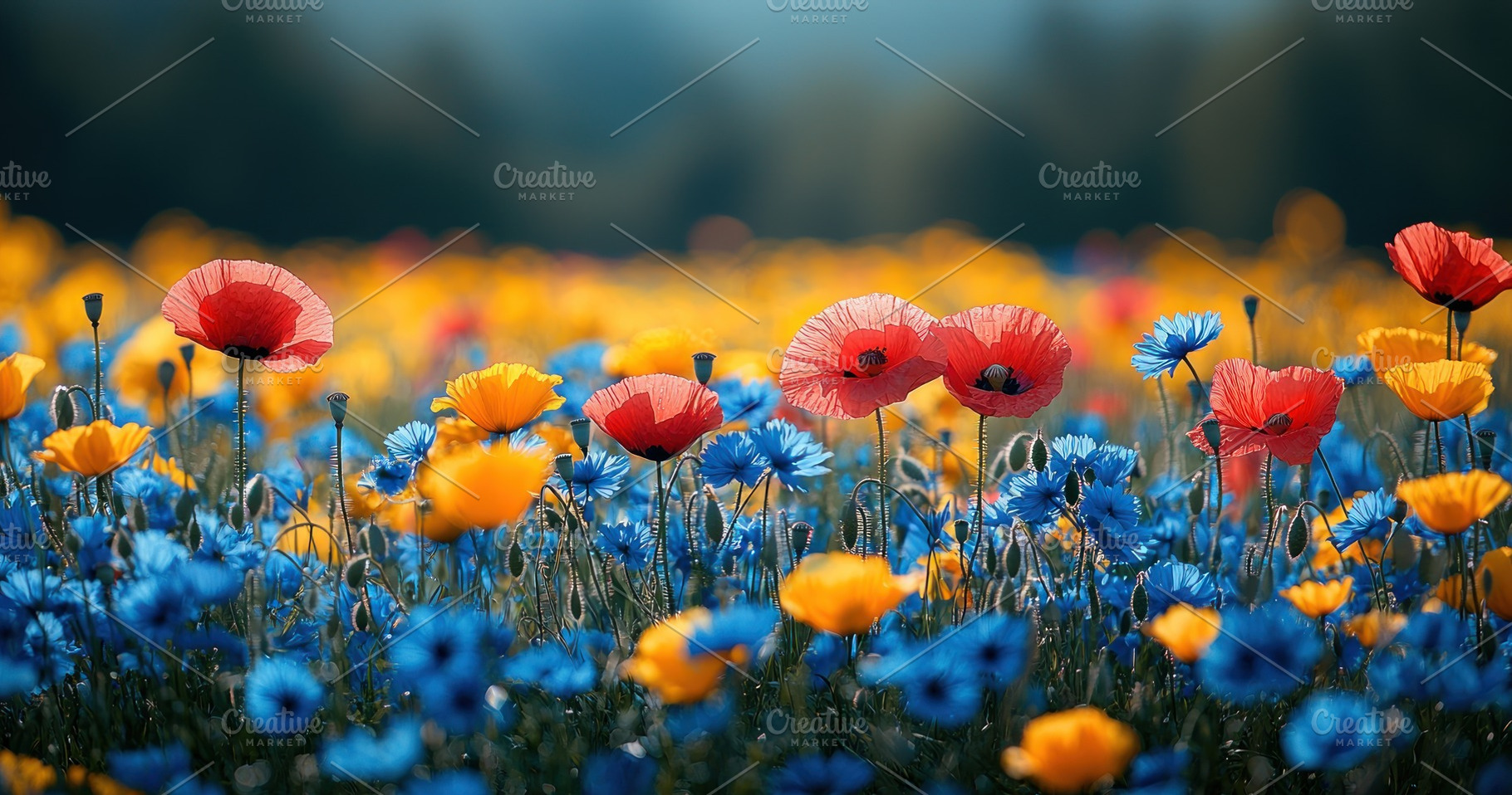 Vibrant red poppies, golden blossoms, and blue cornflowers bloom, a Nature Photo by José Manuel Gelpi