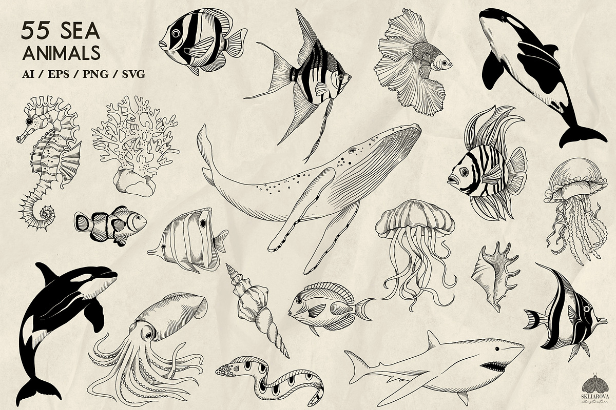 Sea animals line art + Procreate, an Illustration by Skliarova (Photo 2 of 4)