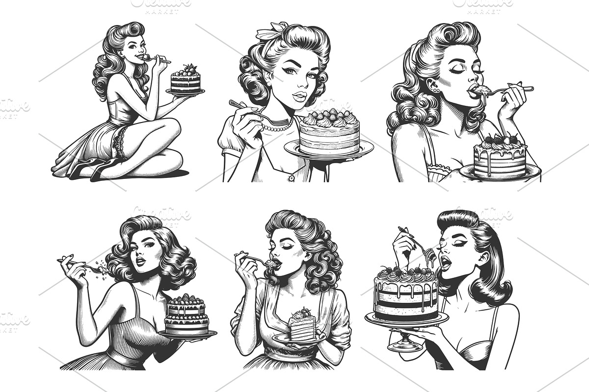 Pin-Up Women Eating Cake engraving, a Person Illustration by AlexArt