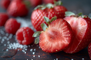 Fresh strawberries and raspberries sprinkled with sugar, showcas, a Food & Drink Photo by ImageMir