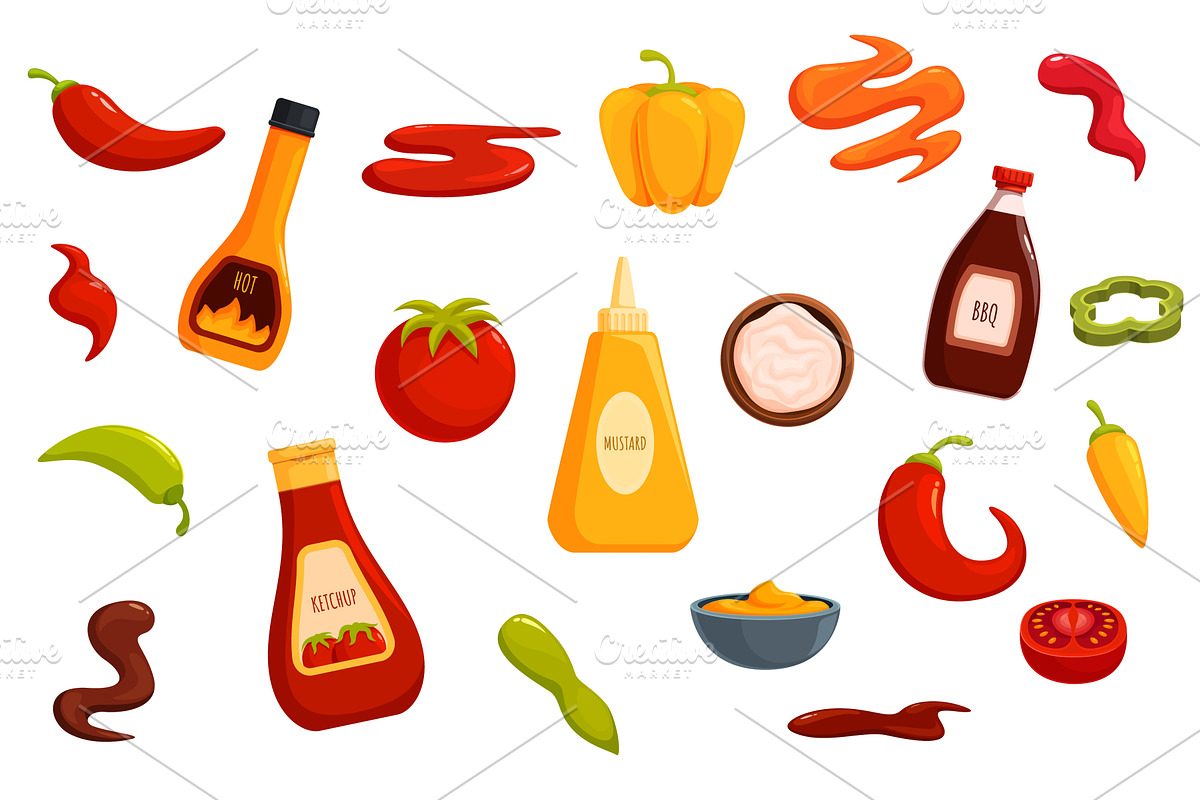 Hot sauces. Mustard, ketchup, bbq, a Food Illustration by Valerie Bodnar