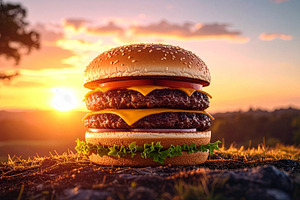 Double cheeseburger with melted cheese and fresh toppings on a rustic table at, a Food & Drink Photo by DutchDigitalDesign
