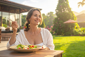Woman Enjoying Fresh Salad Outdoors, a Person Photo by Davizro's Market