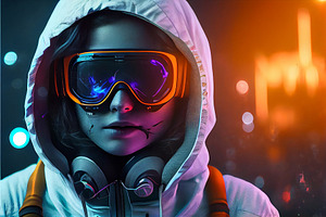 Woman At White Hoodie With Neon Futuristic Goggles With Neon Lights Background