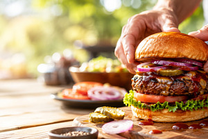 Summer BBQ burger being prepared on, a Photo by Dvoevnore photos