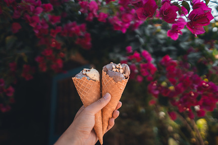 hand holding ice cream with flower background, a Food & Drink Photo by Art Rachen