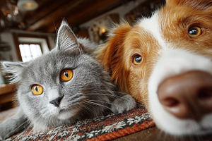 Grey cat and brown and white dog resting close up in a cozy home scene, a Photo by AS photostudio