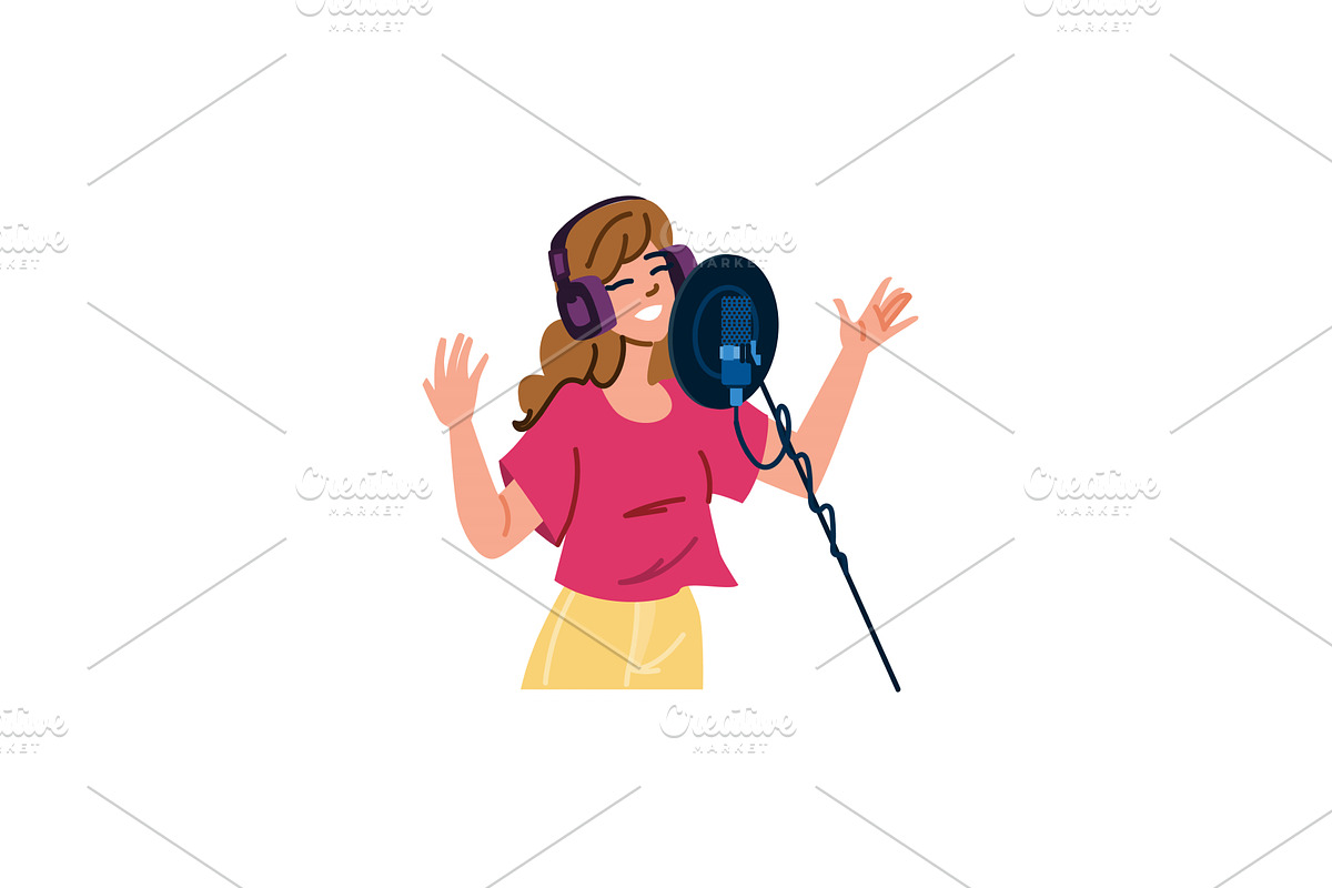 Singer wearing headphones recording, an Illustration by pikepicture