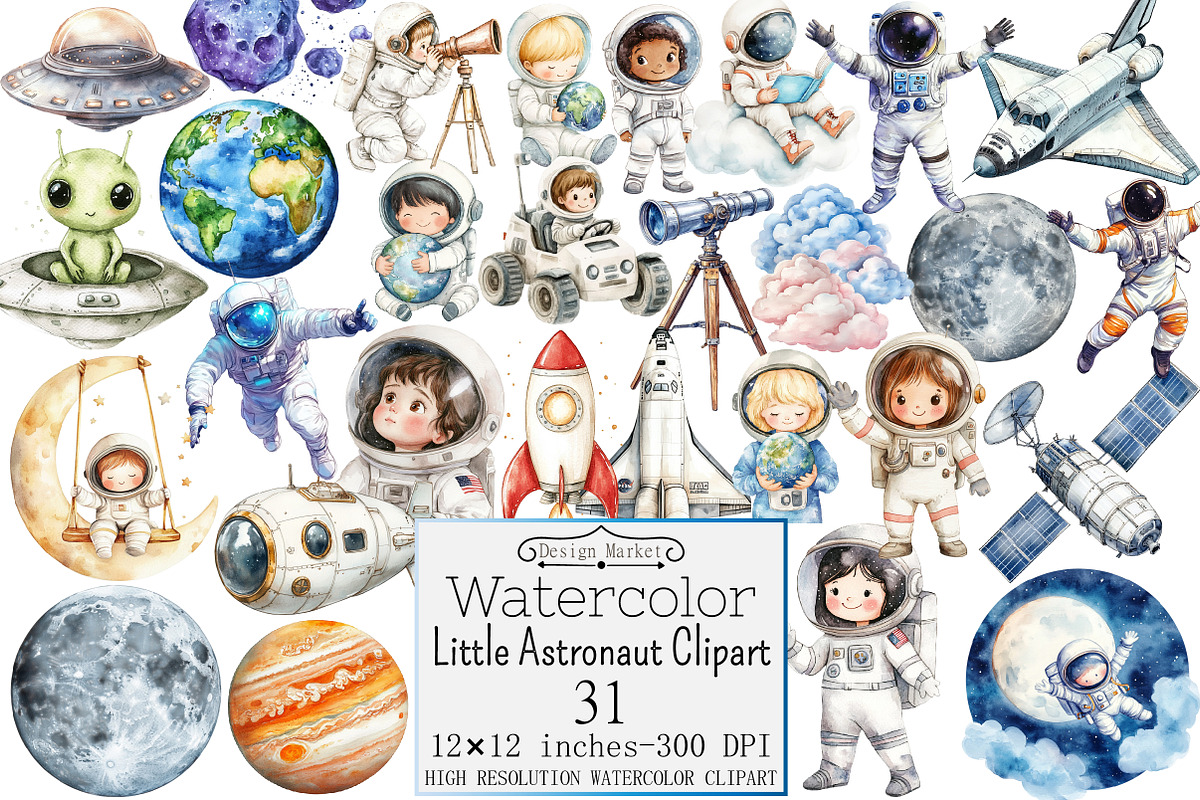 Watercolor Little Astronaut Clipart, a Seasonal Illustration by Design Market (Photo 1 of 4)