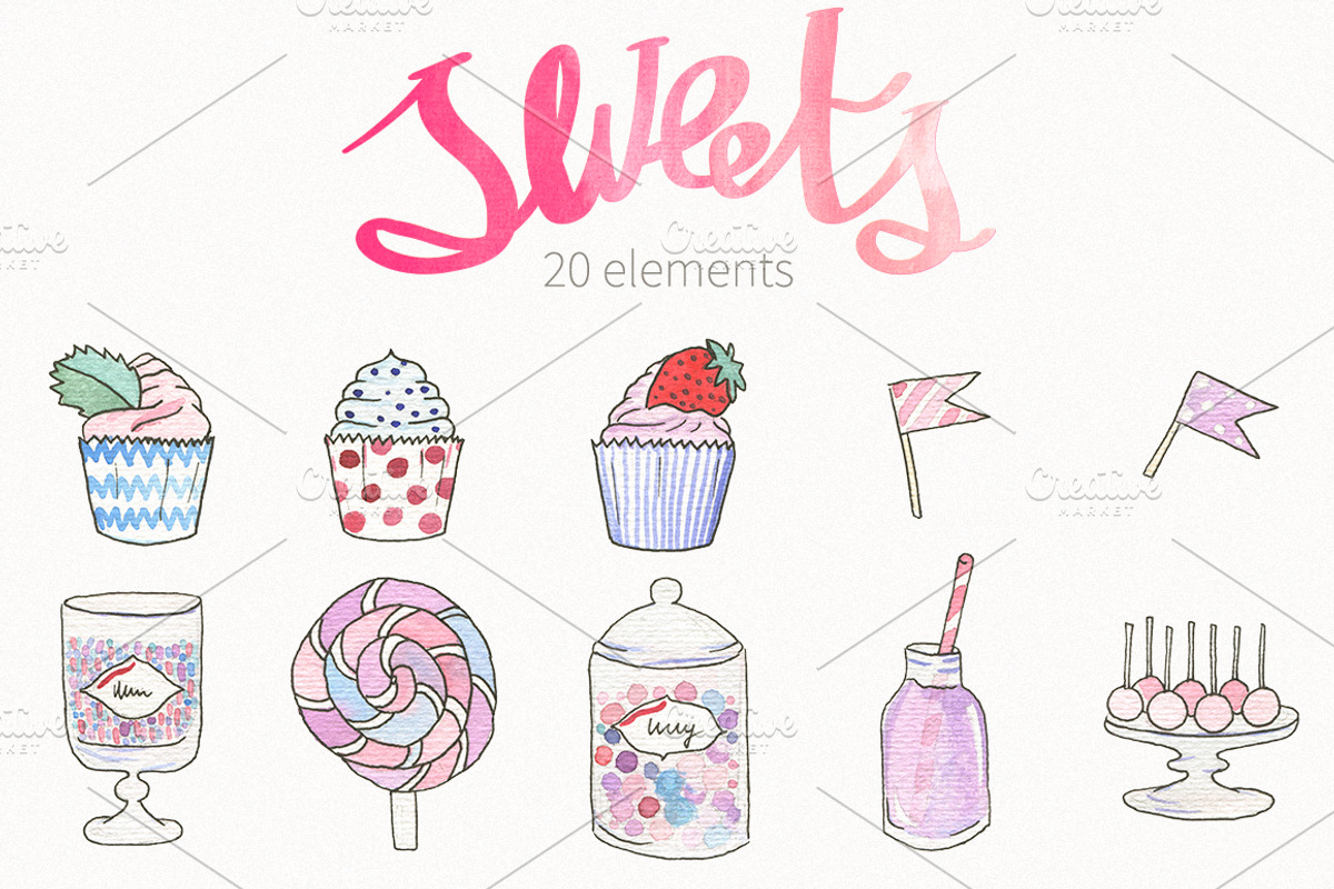 Watercolor sweets: objects & pattern, a Decorative Illustration by likorbut