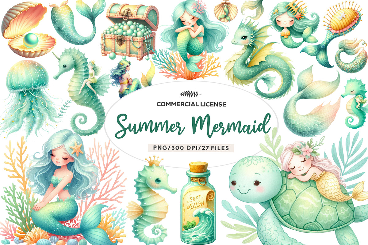 Summer Mermaid Watercolor Clipart, an Illustration by CreationArt (Photo 1 of 9)